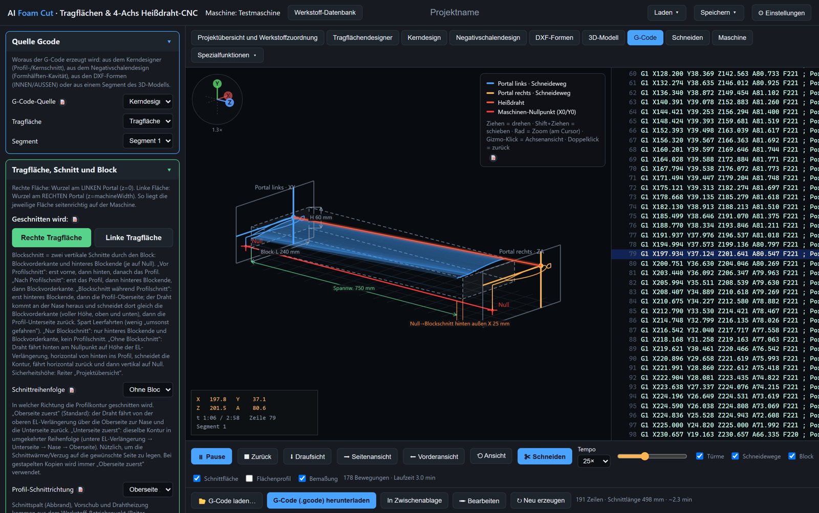 3D-Simulation des Schnitts im Reiter G-Code: beide Portale, Heißdraht, Block und Schneidewege
